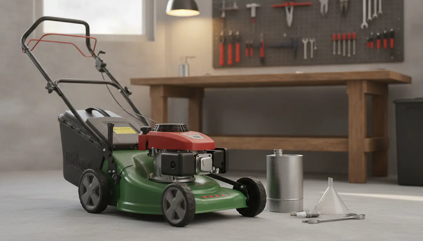 Tondeuse thermique propre remisée dans un atelier rangé avec bidon d'huile et outils d'entretien