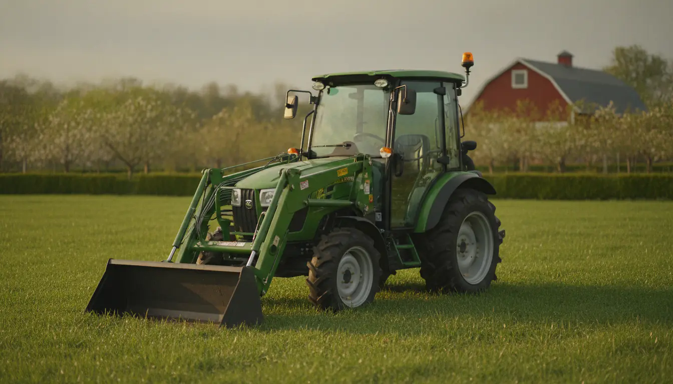 Microtracteur compact vu de trois-quarts sur un terrain herbeux, ambiance ferme soignée