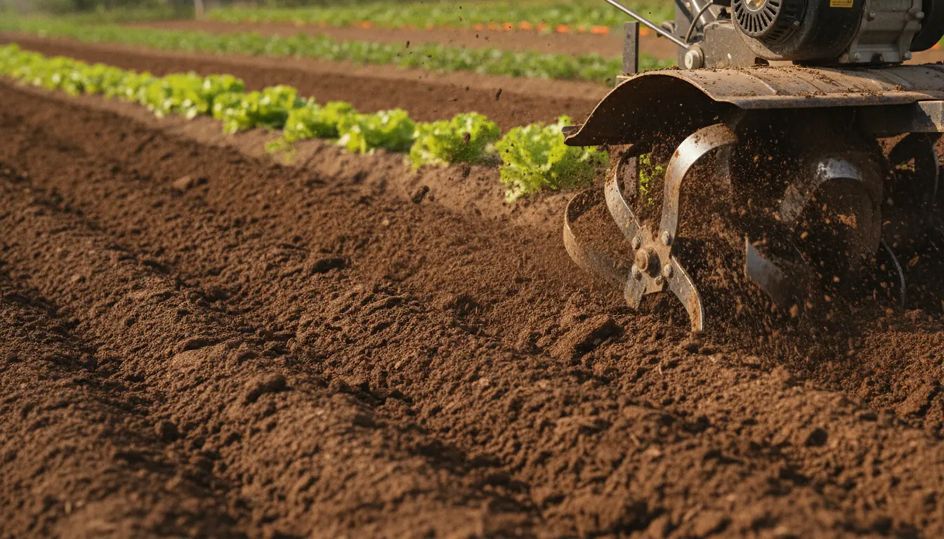 Motobineuse travaillant la terre brune d'un potager avec rangs de légumes en arrière-plan