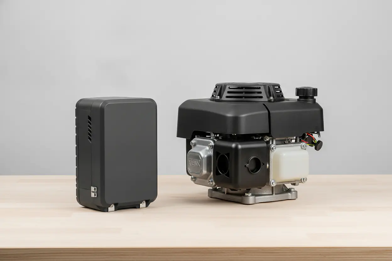 Batterie lithium et moteur thermique de tondeuse comparés sur un établi