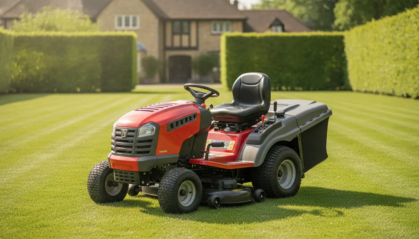 Tondeuse autoportée rouge et grise sur une pelouse entretenue dans un jardin résidentiel