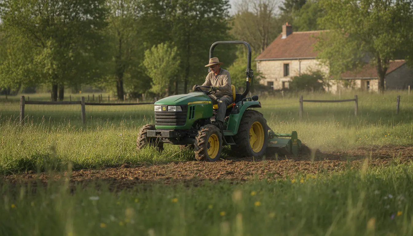 Tracteur compact avec attelage 3 points sur une petite parcelle herbeuse