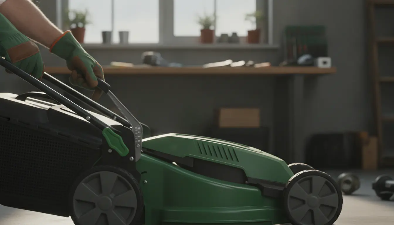 Mains gantées réglant la hauteur de coupe d'une tondeuse moderne dans un atelier