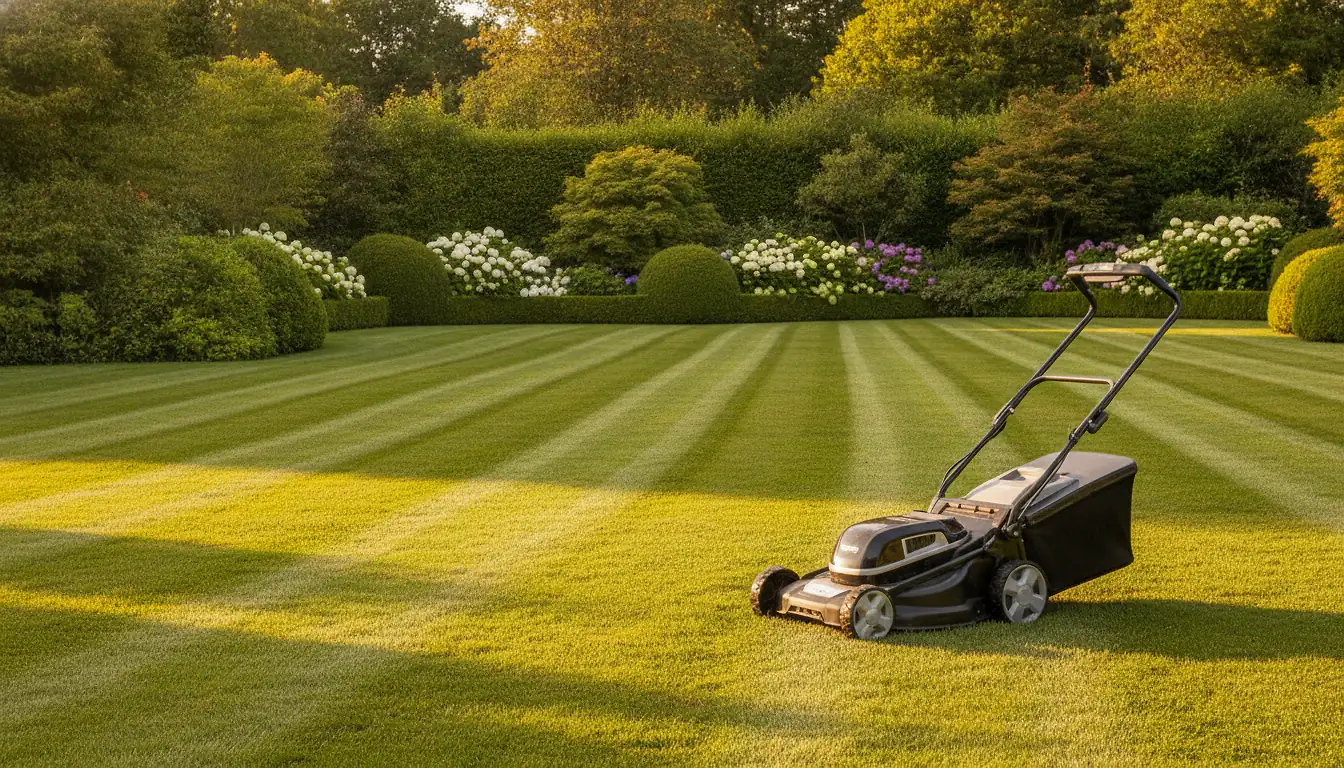 Pelouse soignée avec une tondeuse moderne dans un jardin paysager